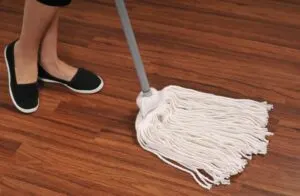 Mop for cleaning wooden floor from dust; she brings him good not harm