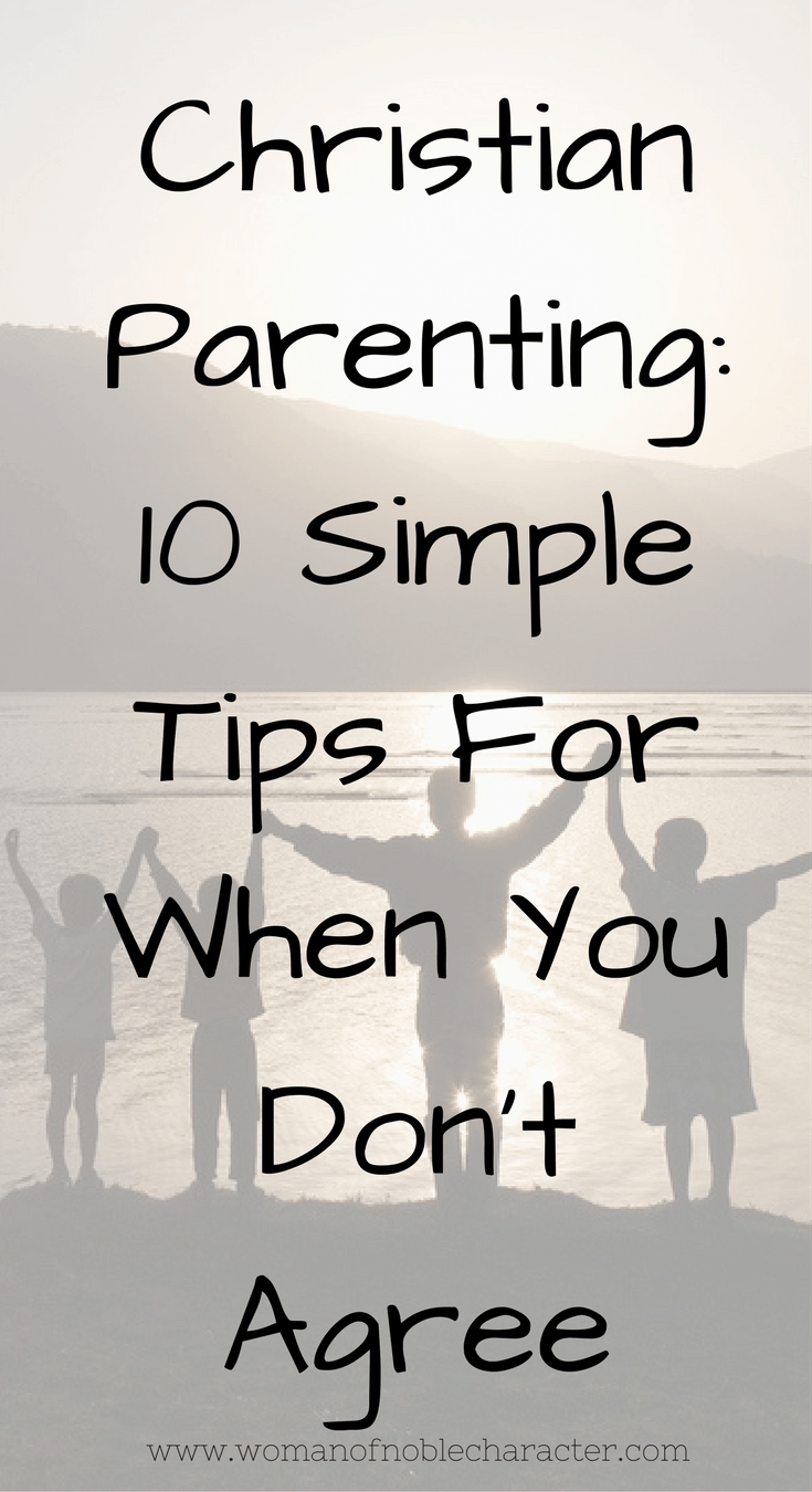 Picture of family holding hands with arms raised in the air standing by the shore with text Christian Parenting: 10 simple tips for when you don't agree for post Christian parenting: 10 simple tips for when you don't agree