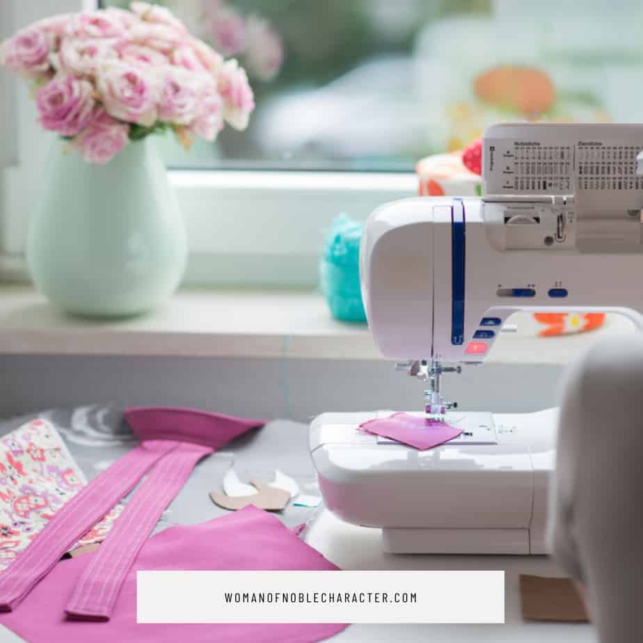 image of a sewing machine and fabric for the post The Virtuous Wife Exploring Proverbs 31:24