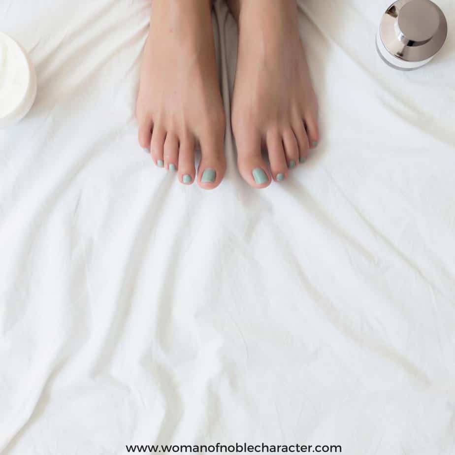 image of woman's feet preparing for pedicure for the post 3 Simple Self-Care Tips for the Proverbs 31 Woman