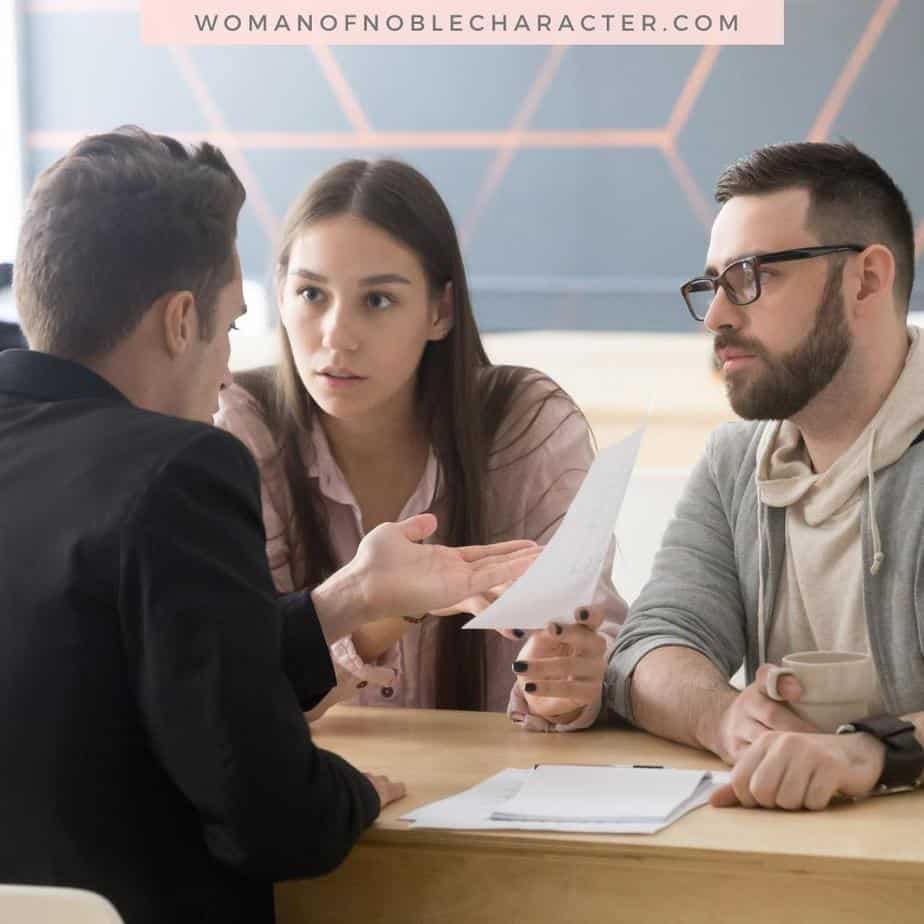 image of couple discussing finances with accountant for the post Money and the Christian Marriage: 7 Tips to Avoid Conflict