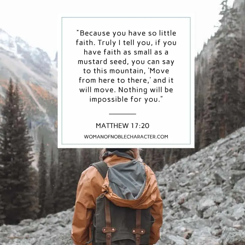 An image of a person standing on a mountain looking out with the quote, "Because you have so little faith. Truly I tell you, if you have faith as small as a mustard seed, you can say to this mountain, ‘Move from here to there,’ and it will move. Nothing will be impossible for you.” from Matthew 17:20