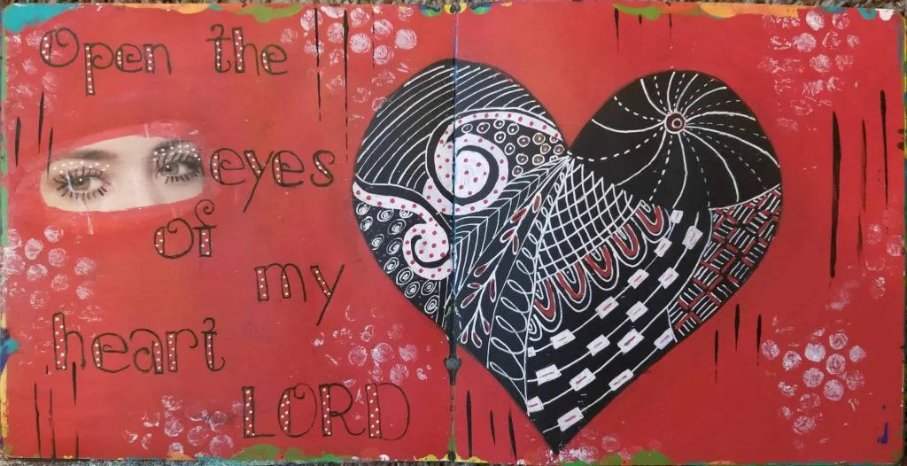 Picture of art journaling with text open the eyes of my heart Lord for post an introduction to Bible art journaling for creative worship