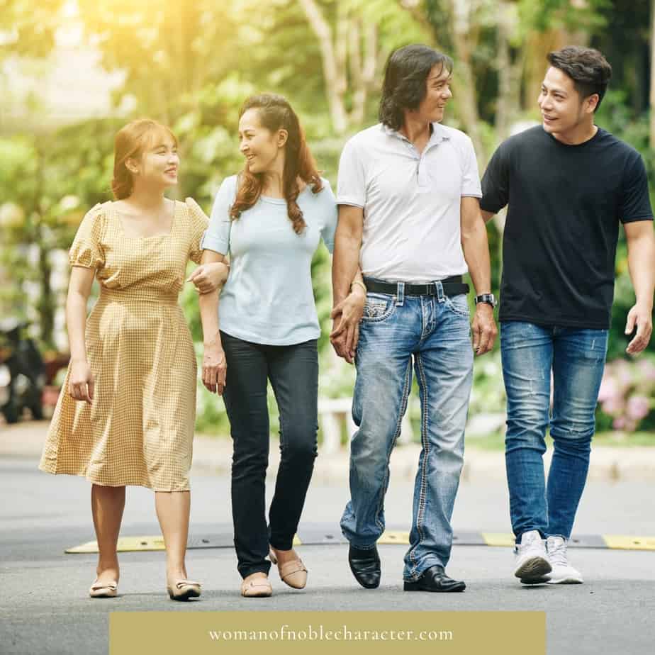 image of men and women friends taking a walk for the post 10 Ways to Honor Your Parents as Adult Children