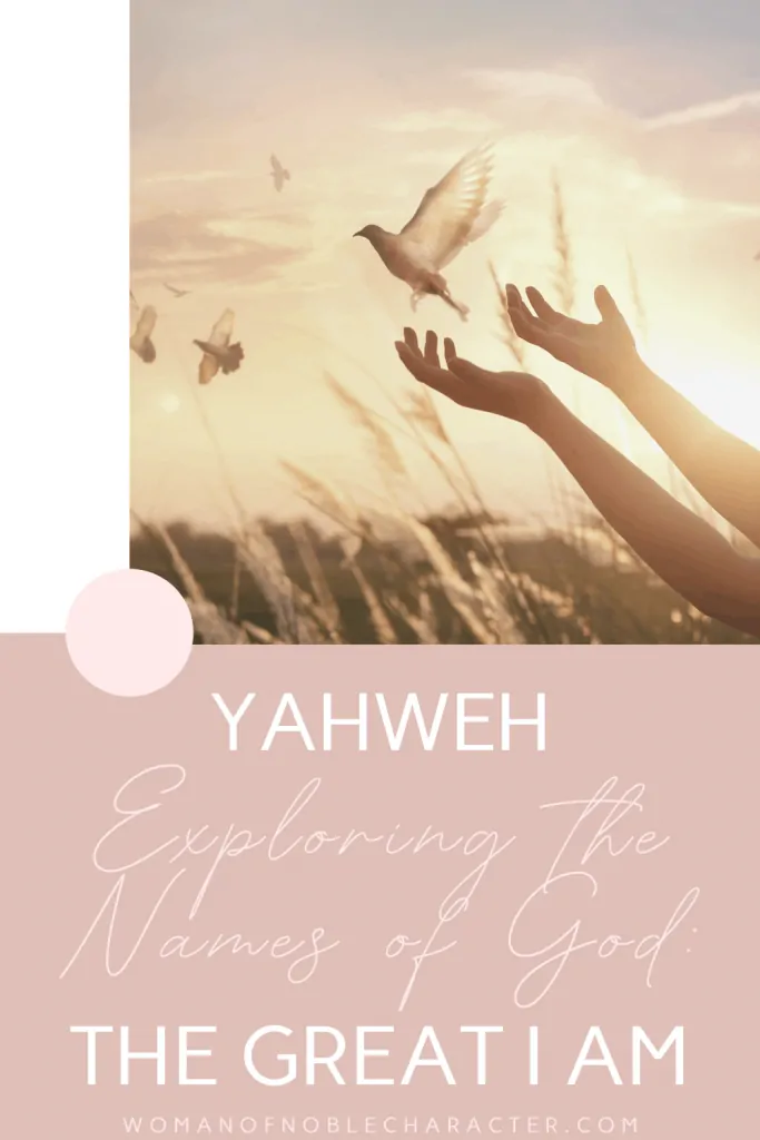 picture of birds flying in the air above a field with a person's arms outstretched with text Yahweh exploring the names of God The Great I Am for post Yahweh I am exploring the names of God