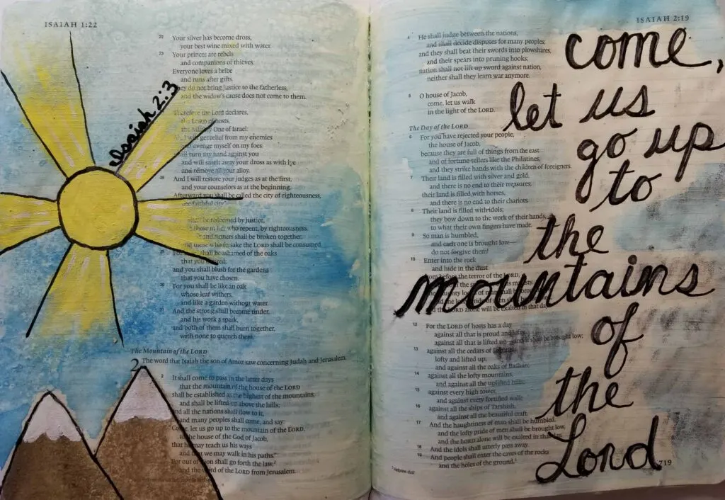 Bible Journaling Watercolor salt technique Isaiah 2:3 mountains