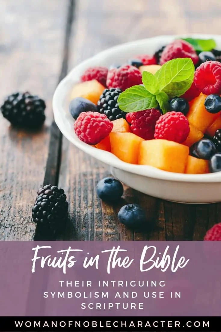An image of fruit in a white bowl on a wooden table - Fruits in the Bible