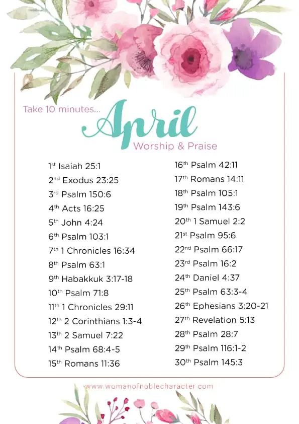 April Bible verses on praise and worship. Bible reading writing plan