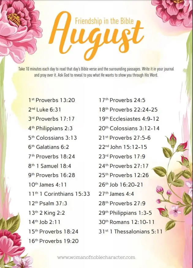 August 2019 Bible Reading and writing plan about Friendship