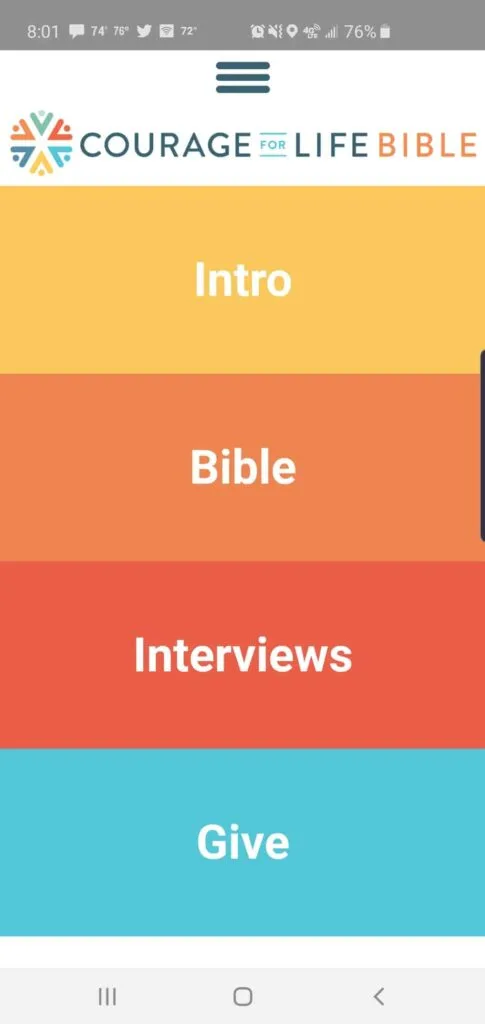 Courage for Life Bible App Home Screen