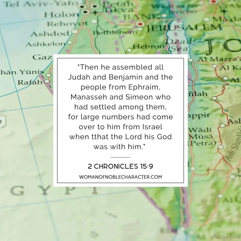 image of a map of Israel and Bible verse 2 Chronicles 15:9