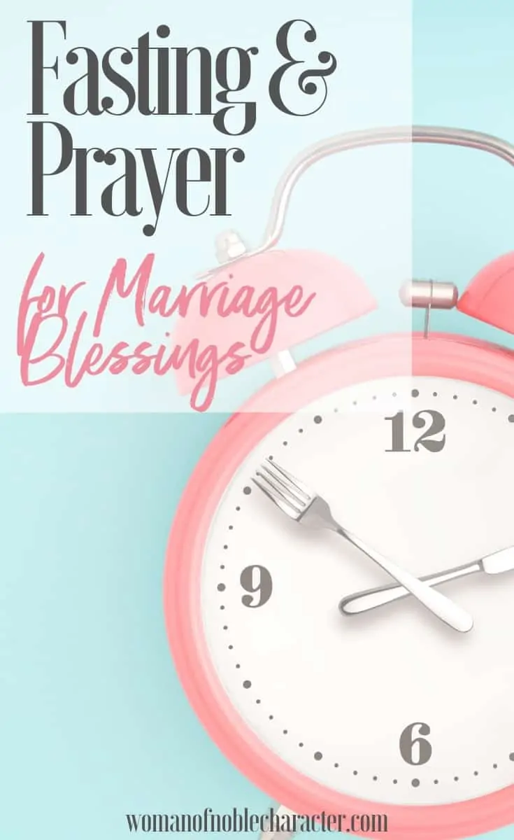 An image of pink alarm clock with a fork and knife as the hands against a light blue background and a text overlay that reads Fasting and Prayer for Marriage Blessings