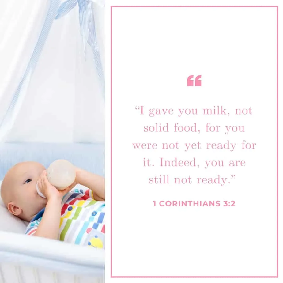 A baby lying in a bassinet drinking a bottle of milk and 1 Corinthians 3:2 quoted