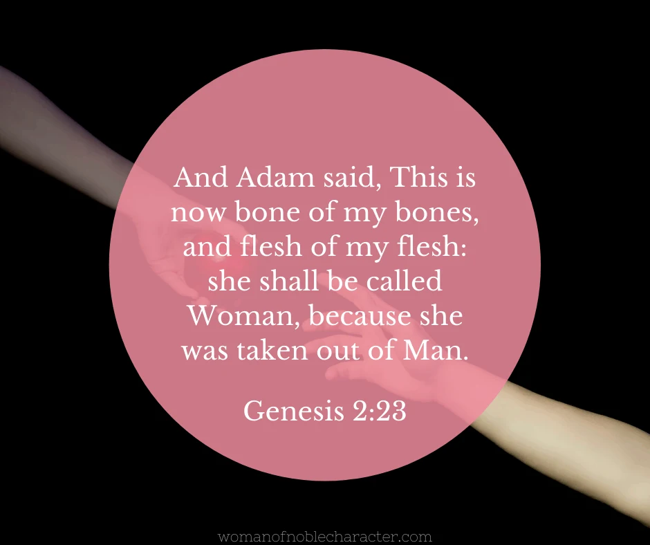 Adam and Eve touching fingers and Genesis 2:23 quoted