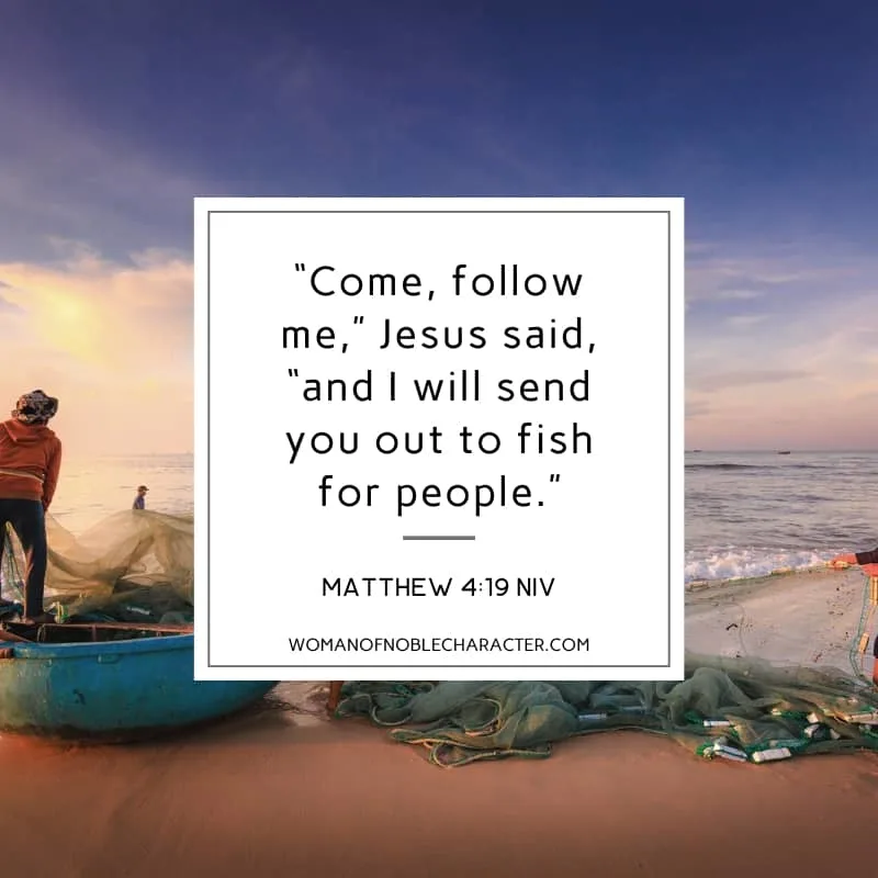 image of fishermen on the shoreline and Matthew 4:19 quoted - Fish in the Bible