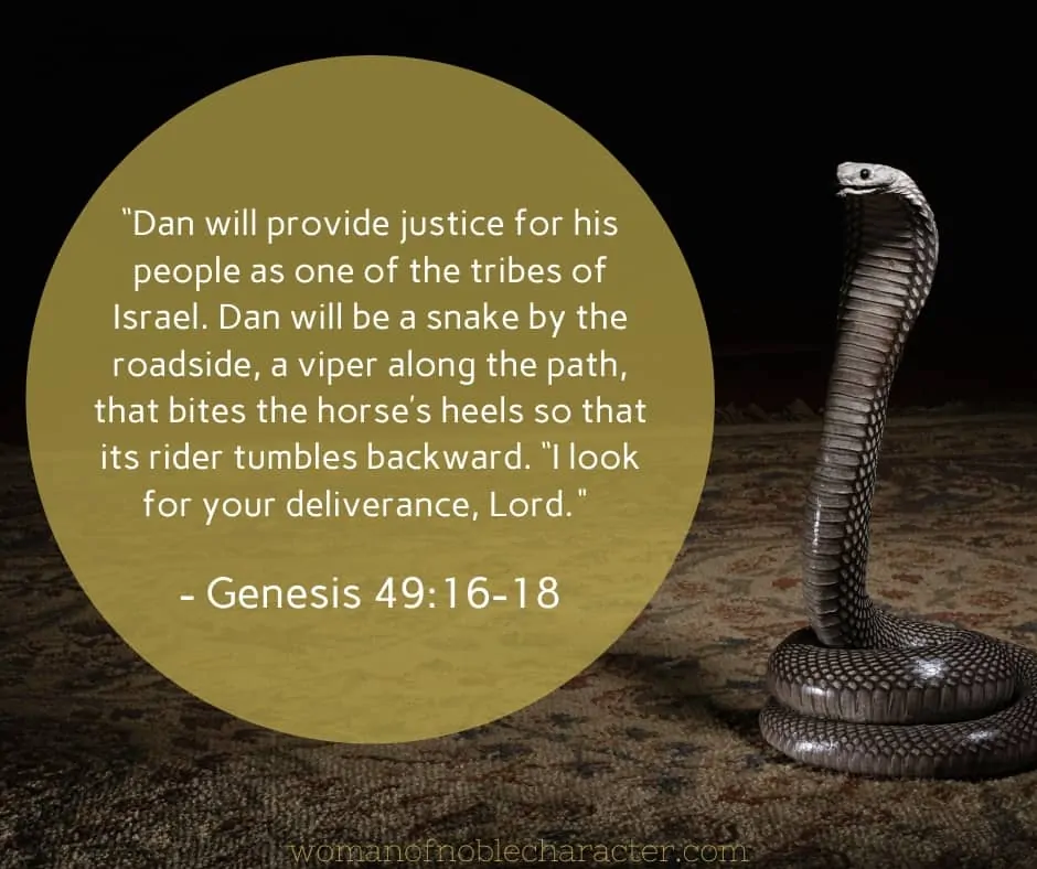 An image of a carved serpent and Bible verse Genesis 49:16-18 quoted 