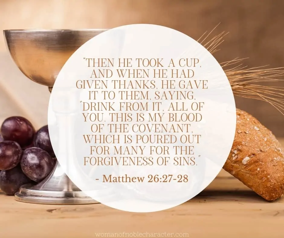 An image of grapes, bread, and a communion cup with Matthew 26:27-28 quoted
