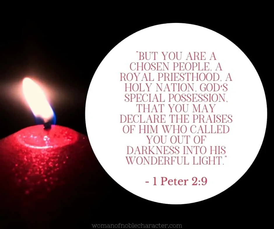 image of a lit candle in darkness with 1 Peter 2:9 quoted
