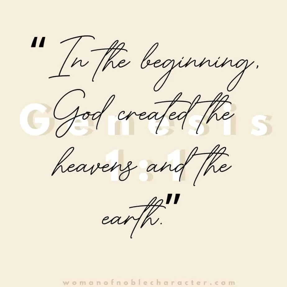 A blank light pink background with the quote. "“In the beginning, God created the heavens and the earth.” from Genesis 1:1