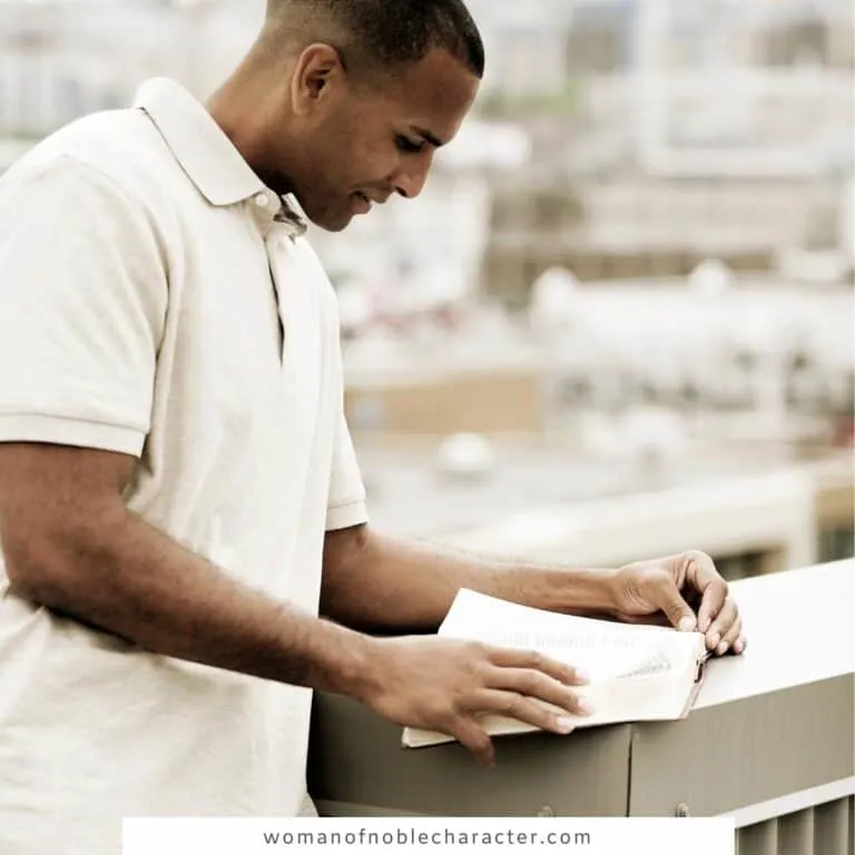 image of a man reading a bible on a balcony for the post the best man's devotions to their faith