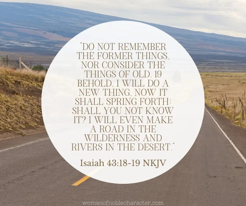 An image of a road in the desert with the quote, "Do not remember the former things, Nor consider the things of old. 19 Behold, I will do a new thing, Now it shall spring forth; Shall you not know it? I will even make a road in the wilderness And rivers in the desert." from Isaiah 43:18-19 NKJV
