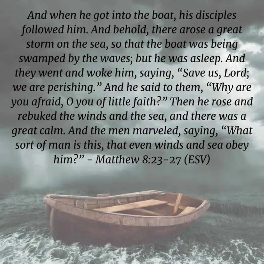 image of a wooden boat on water with Matthew 8:23 through 27 for the post God is Our Refuge and Strength