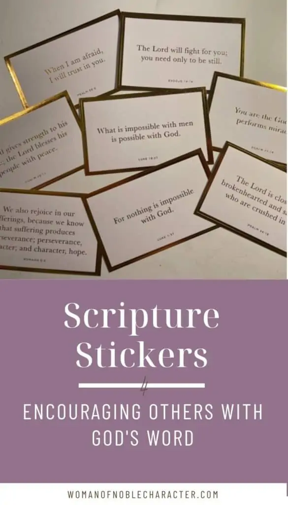 Scripture stickers laid out on table; pinterest pin