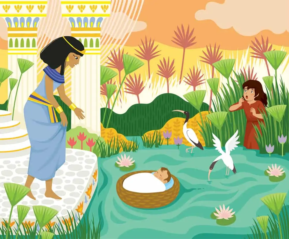 Passover bible scene of baby Moses in the basket floating on the Nile towards Pharaohs daughter with his sister Miriam watching behind the papyrus.; Jochebed in the Bible