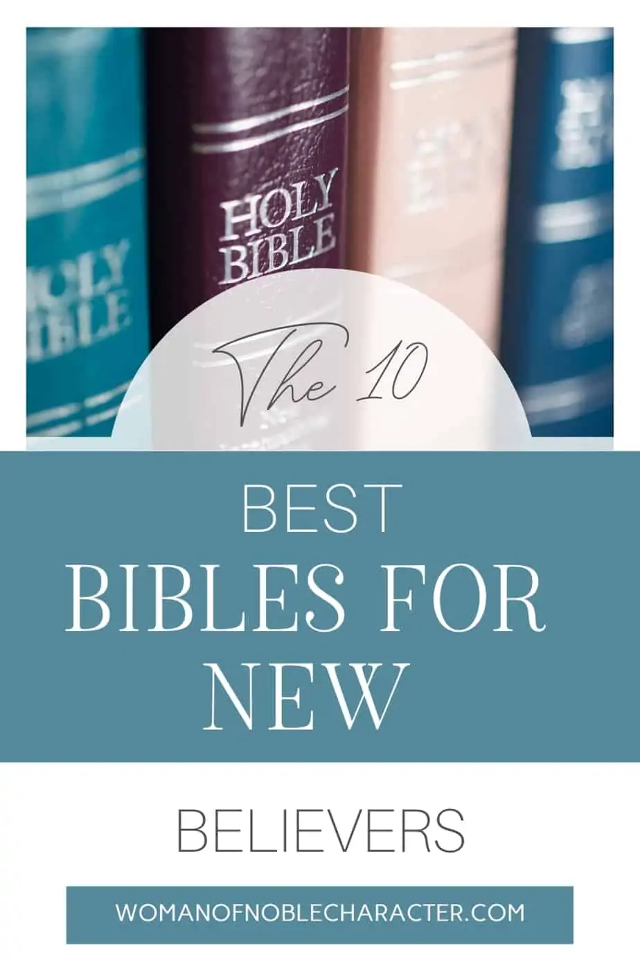 image of Bibles on a shelf with text overlay the 10 best Bibles for new believers