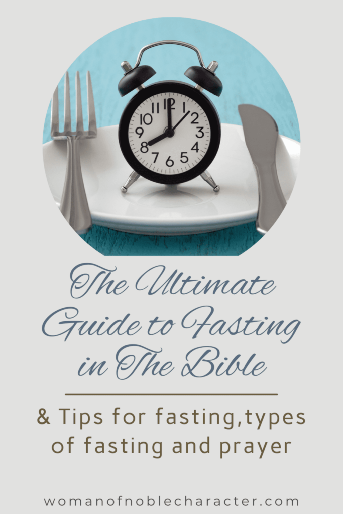 clock on plate with fork and knife with text The ultimate guide to fasting in the Bible