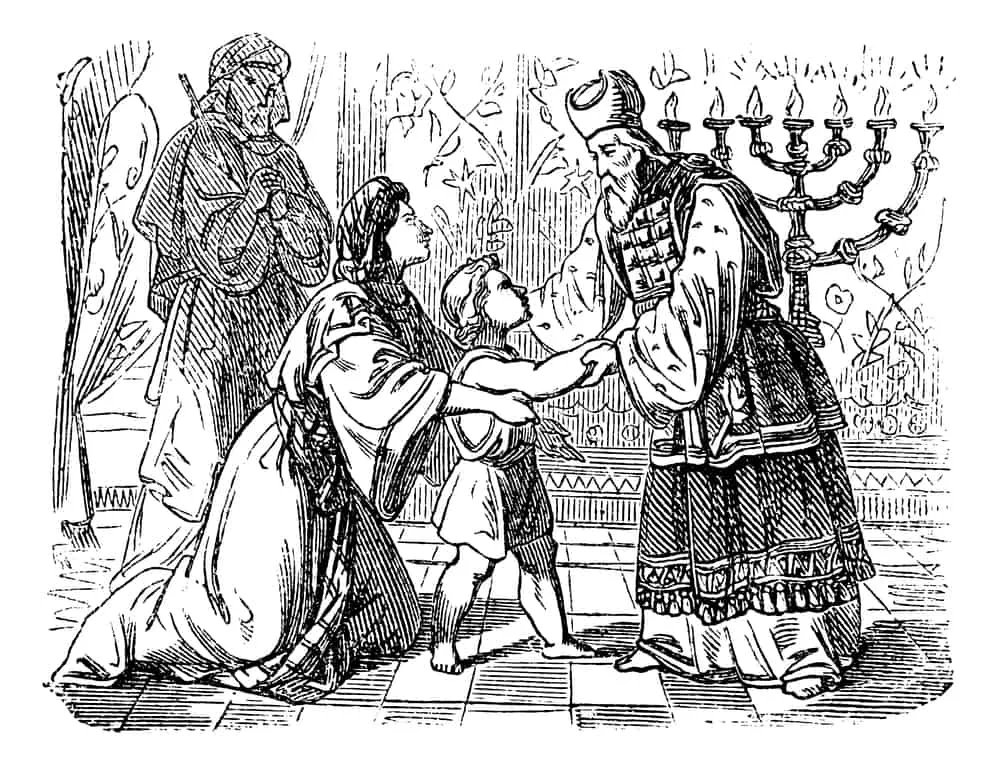 image of Hannah in the Bible with Samuel, Elkanah and Eli  