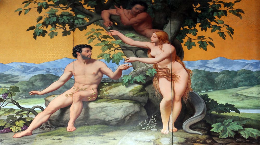 Adam and Eve, painting on the facade, Saint Vincent de Paul church, Paris for the post A Deep Look at Eve in the Bible and 10 Important Lessons We Can Learn From Her