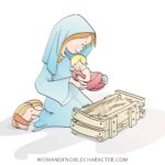 watercolor image of Mary of Nazareth with Baby Jesus and manger for the post Who was Mary of Nazareth and 13 lessons we can learn from her