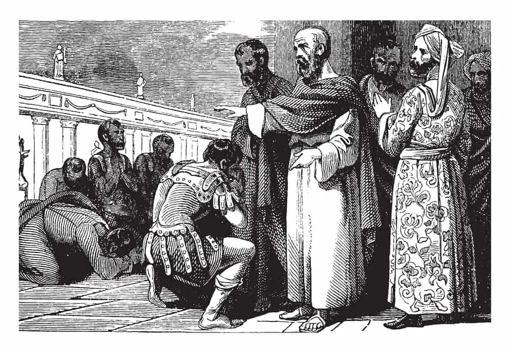 Picture describing that the Cornelius kneels down in front of Peter, vintage line drawing or engraving illustration for the post on Cornelius in the Bible