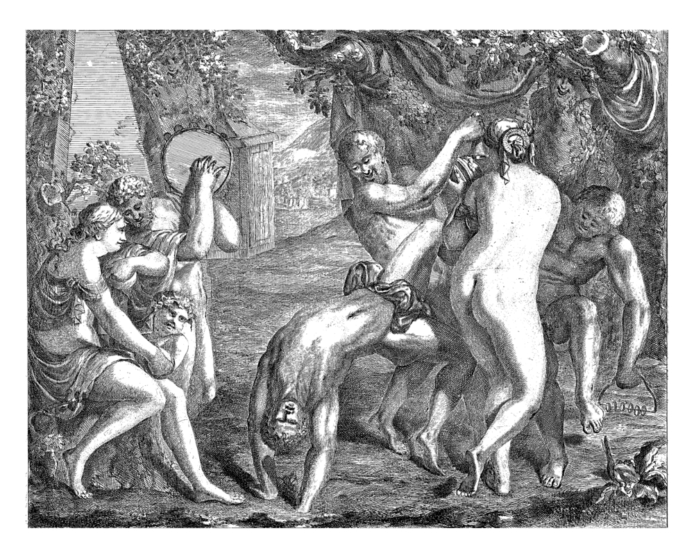 A Bacchanal with partying Bacchantes and Meanads. They dance and make music. One of them jumps backwards. for the post on eunuchs in the Bible