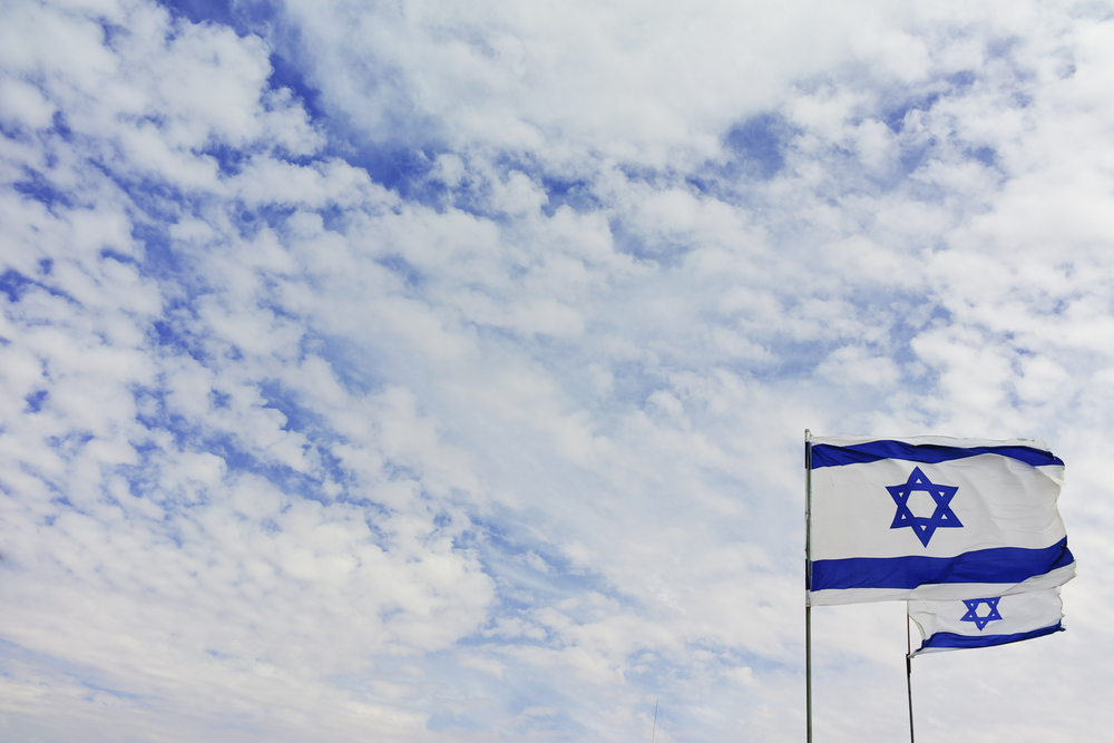 National flag of State of Israel, white-blue with Star of David,  for the post on YIsra'el