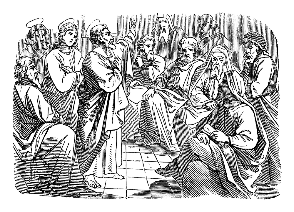 Antique vintage biblical religious engraving or drawing of saint apostle Simon Peter is speaking to Paul and Barnabas about circumcision for the post Barnabas in the Bible