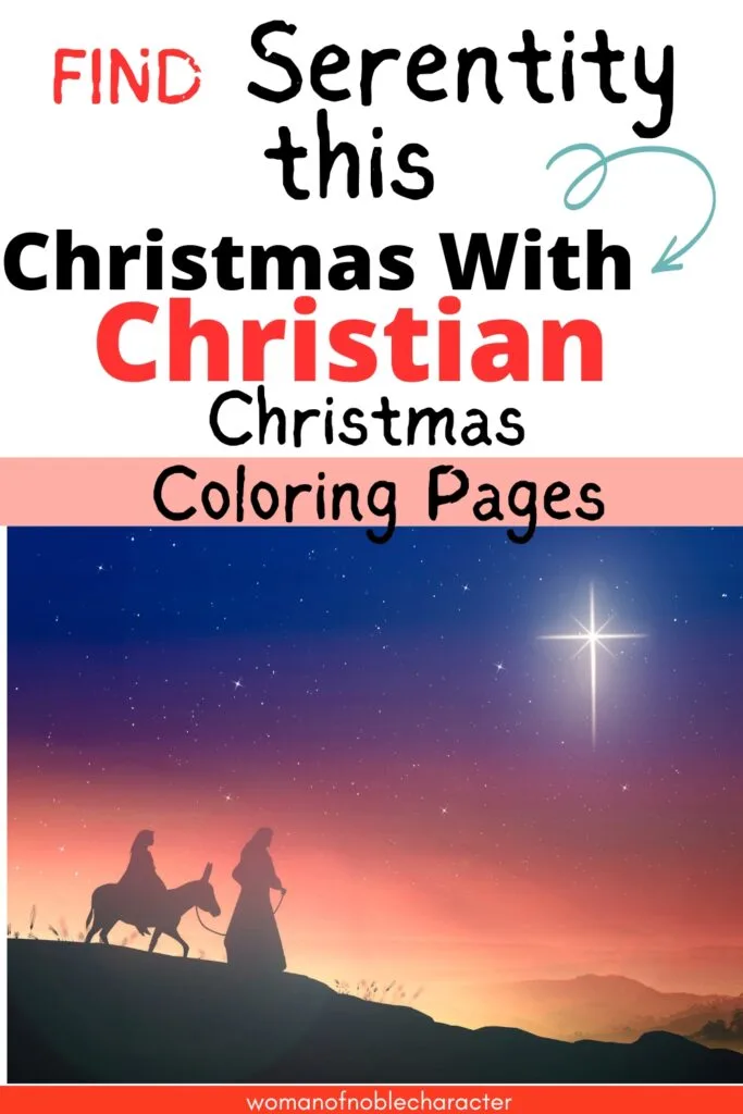 image of nativity scene with the text find serenity this Christmas with Christian Christmas coloring pages