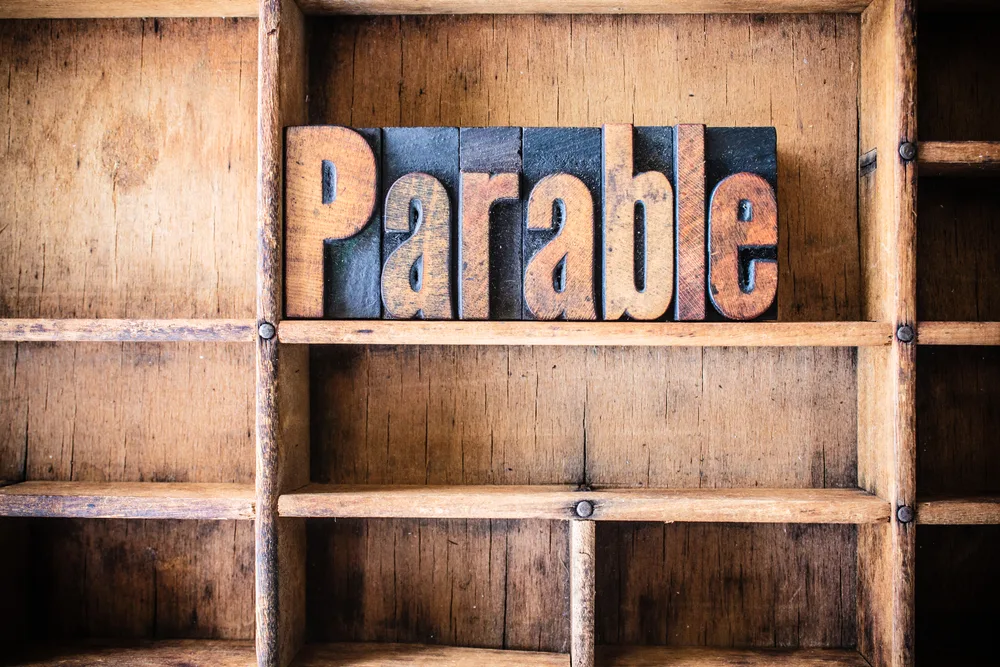 The word PARABLE written in vintage wooden letterpress type in a wooden type drawer. for the post on the parable of the rich man
