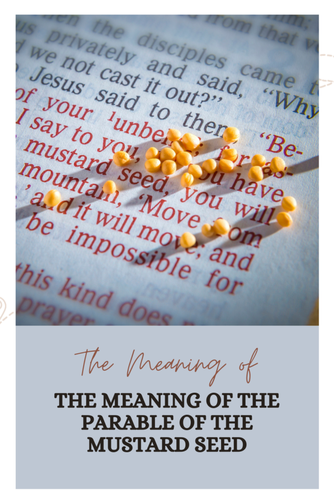 image of scripture with mustard seeds on top for the post on the meaning of the parable of the mustard seed