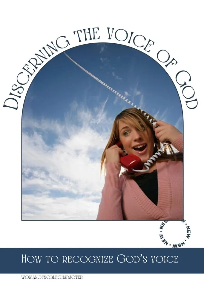 woman on telephone attached to sky with text Discerning the voice of God: to how recognize God's voice
