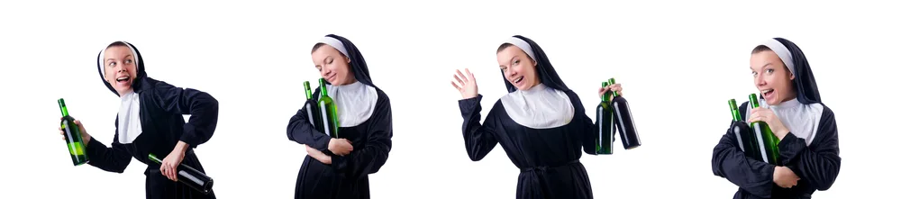 nuns with bottles of red wine for the post is drinking a sin